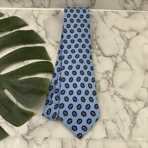 Alfred Dunhill Mens Silk Neck Tie Blue Yellow Medallion Floral Classic Style